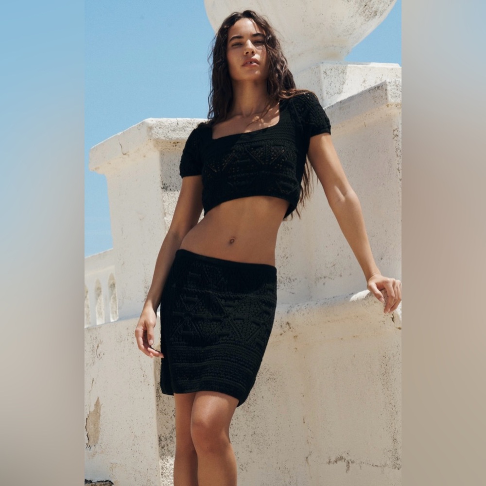 NWT ZARA HIGH WAIST CROCHET KNIT MINI SKIRT BLACK COTTON BLEND L MADE IN TURKEY